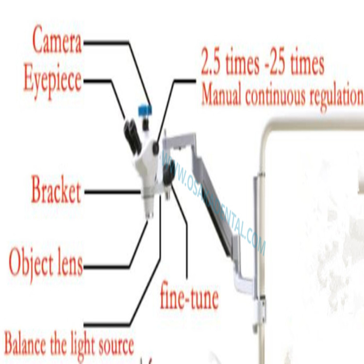 Un microscopio dental con cámara instalada en la silla dental del equipo dental