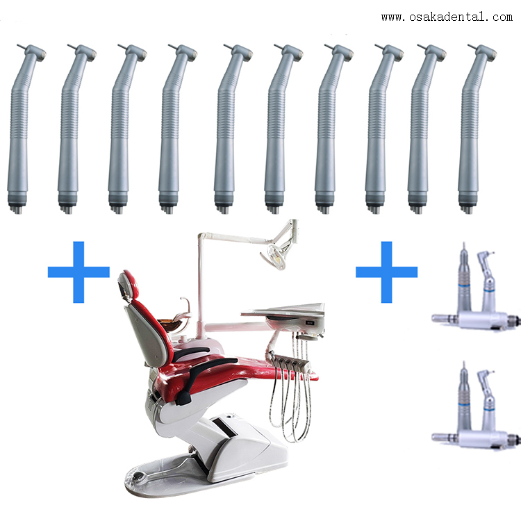 Silla dental con pieza de mano dental y pieza de mano de baja velocidad.