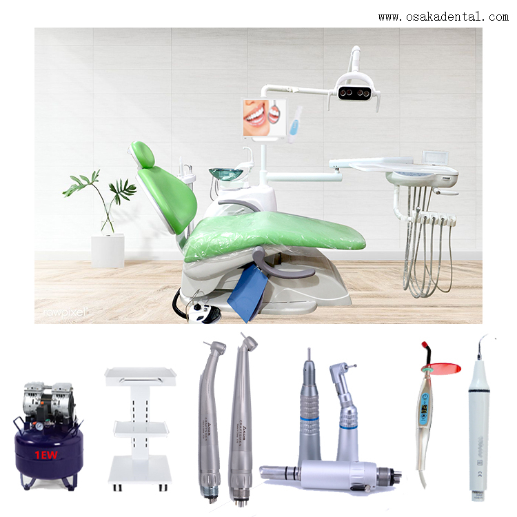 Silla dental de color verde con compresor de aire y conjunto de manos dental