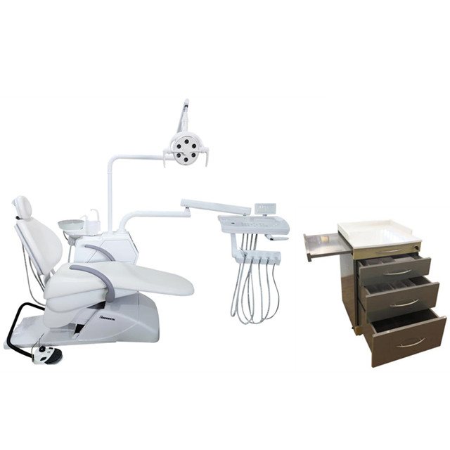 Unidad de silla dental de color blanco con gabinete móvil