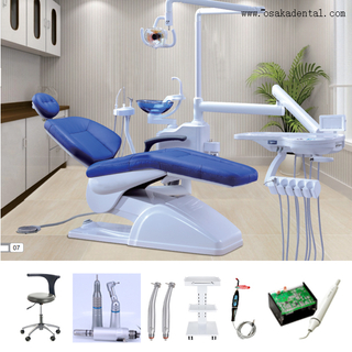 Sillón dental de precio económico con pieza de mano dental de color azul 
