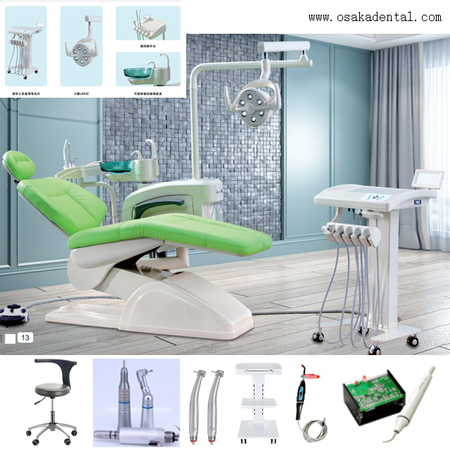 Unidad de sillón dental de color verde con compresor de aire dental y pieza de mano dental