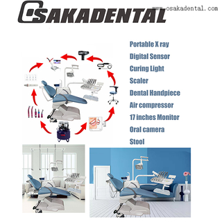 Sillón dental de alta calidad con taburete de dentista con lámpara de polimerización y pieza de mano dental