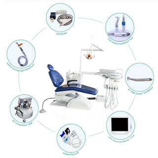 Conjunto de unidad de silla dental con compresor y pieza de mano.