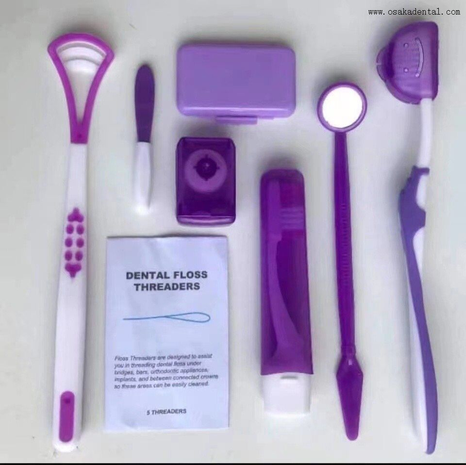 Kit de ortodoncia dental con cepillo y espejo en bolsa de malla de nailon