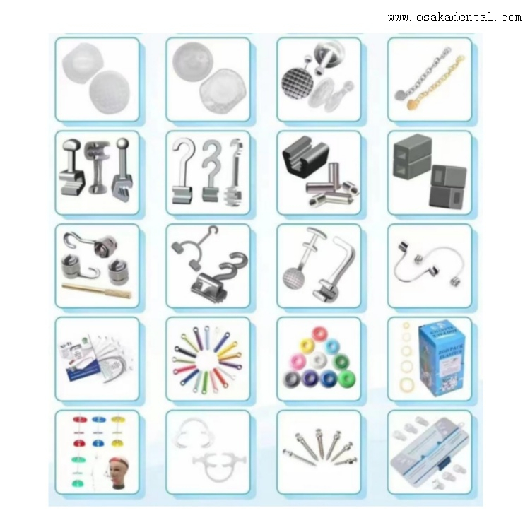 Diferentes tipos de soportes y accesorios de ortodoncia dental