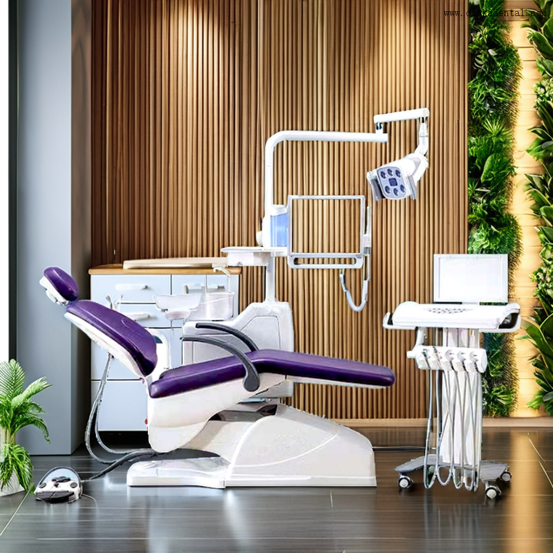 Sillón dental avanzado con luz halógena para clínicas dentales modernas y elegantes