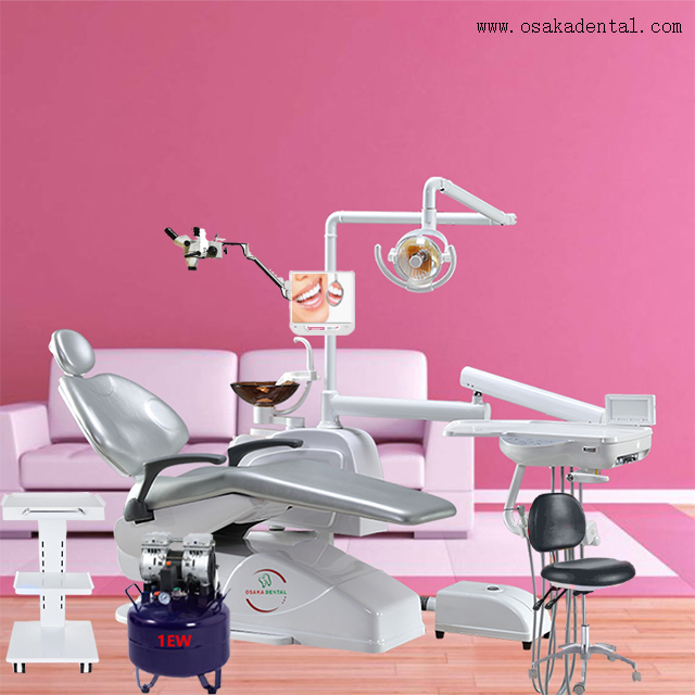 Silla dental con compresor de aire y microscopio dental color plateado.