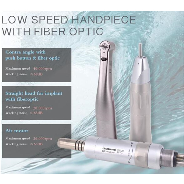Pieza de mano dental de baja velocidad de fibra óptica con cuerpo de acero inoxidable.