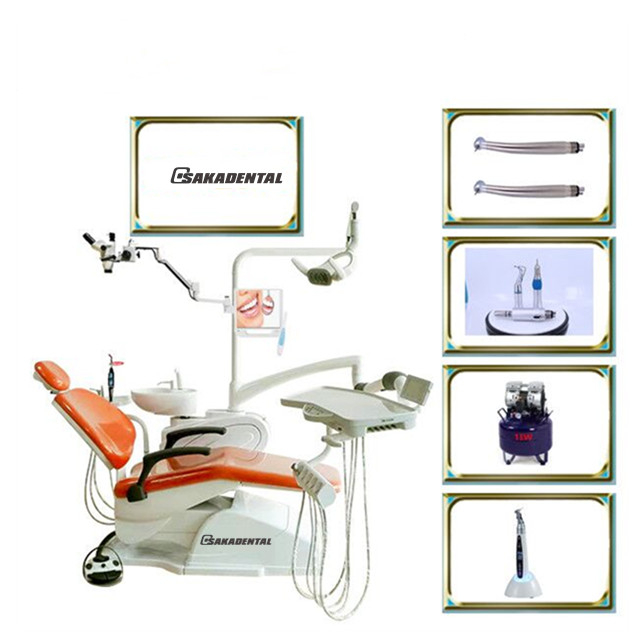 Sillón dental con taburete dental con cuero color naranja