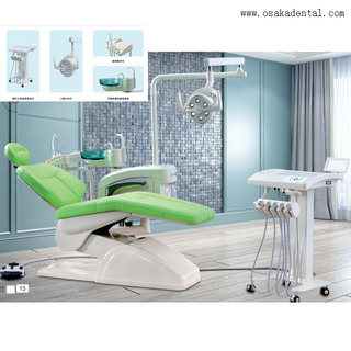 Unidad de sillón dental de color verde con compresor de aire dental y pieza de mano dental