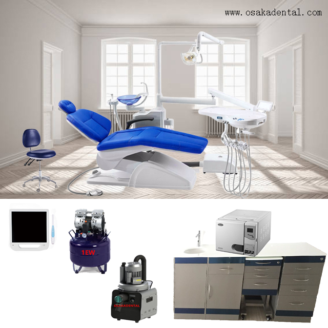 Sillón dental sencillo con mueble dental para clínica dental.