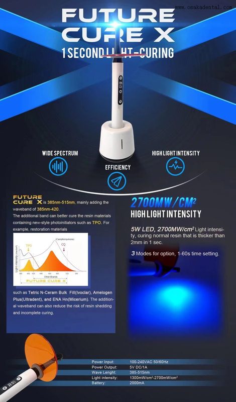 Una segunda luz de curado dental con punta de plástico de 2700 mw/cm para unidad dental