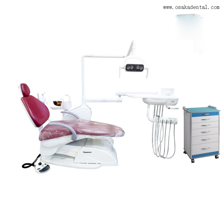 Sillón dental de color rojo con gabinete dental para clínica dental