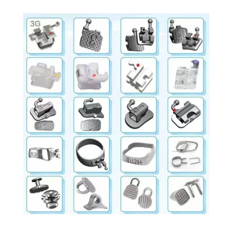 Diferentes tipos de soportes y accesorios de ortodoncia dental