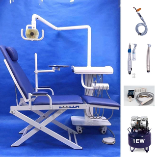 Unidad de silla dental portátil con bandeja móvil y compresor.