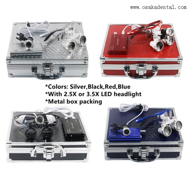 Lupas dentales económicas con faro LED y embalaje en caja metálica.