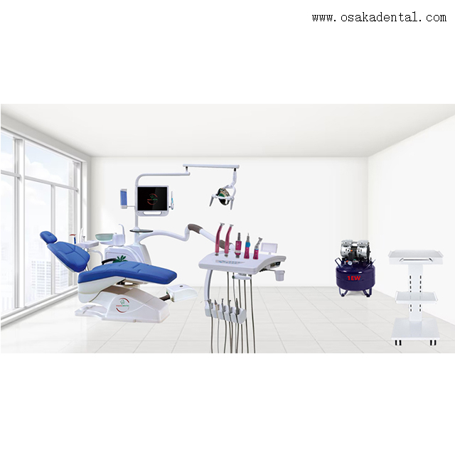 Sillón dental de alta calidad con cámara bucal, monitor de 17 pulgadas y compresor de aire.