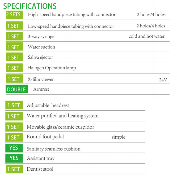 Sillón dental con bandeja de botones táctiles y bandeja auxiliar de botones táctiles con lámpara LED con escala y luz de curado